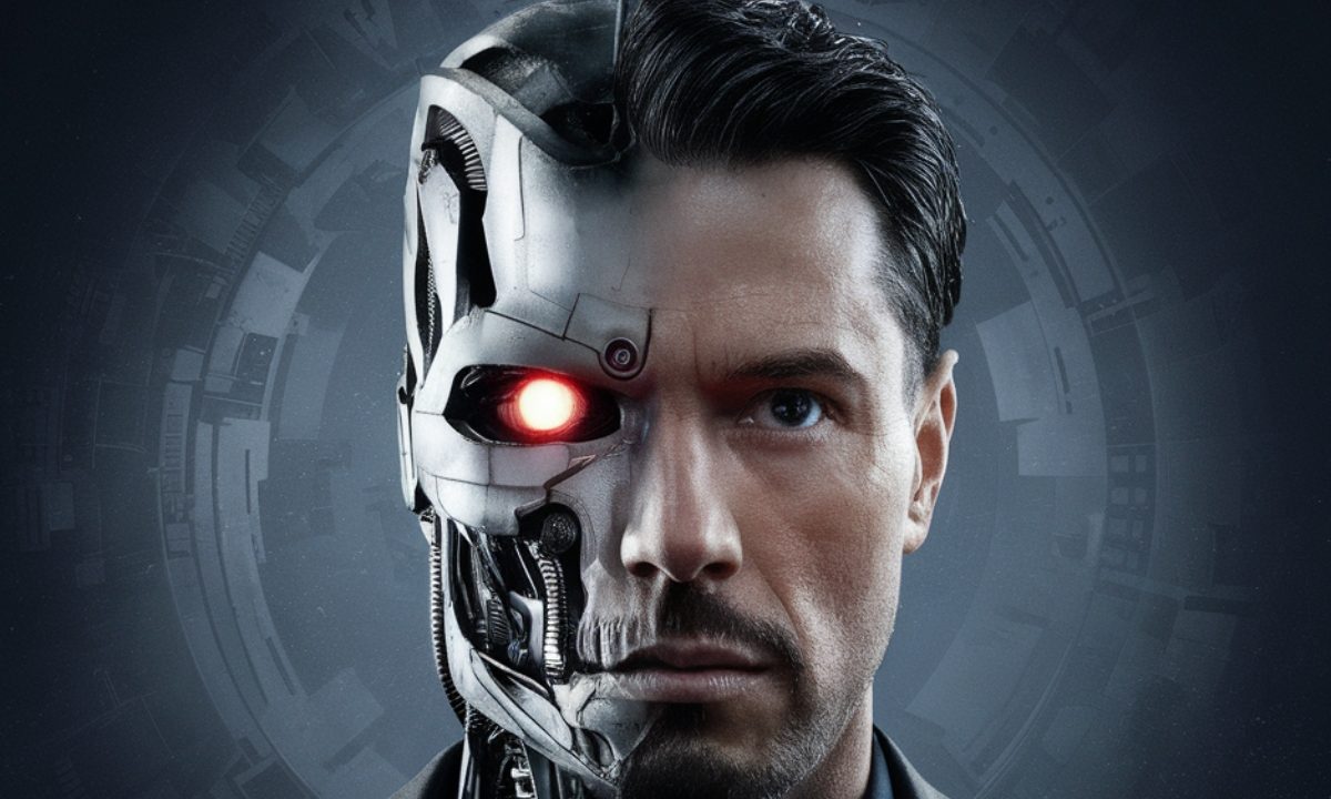 Walidator AI pół twarzy robota i pół twarzy człowieka